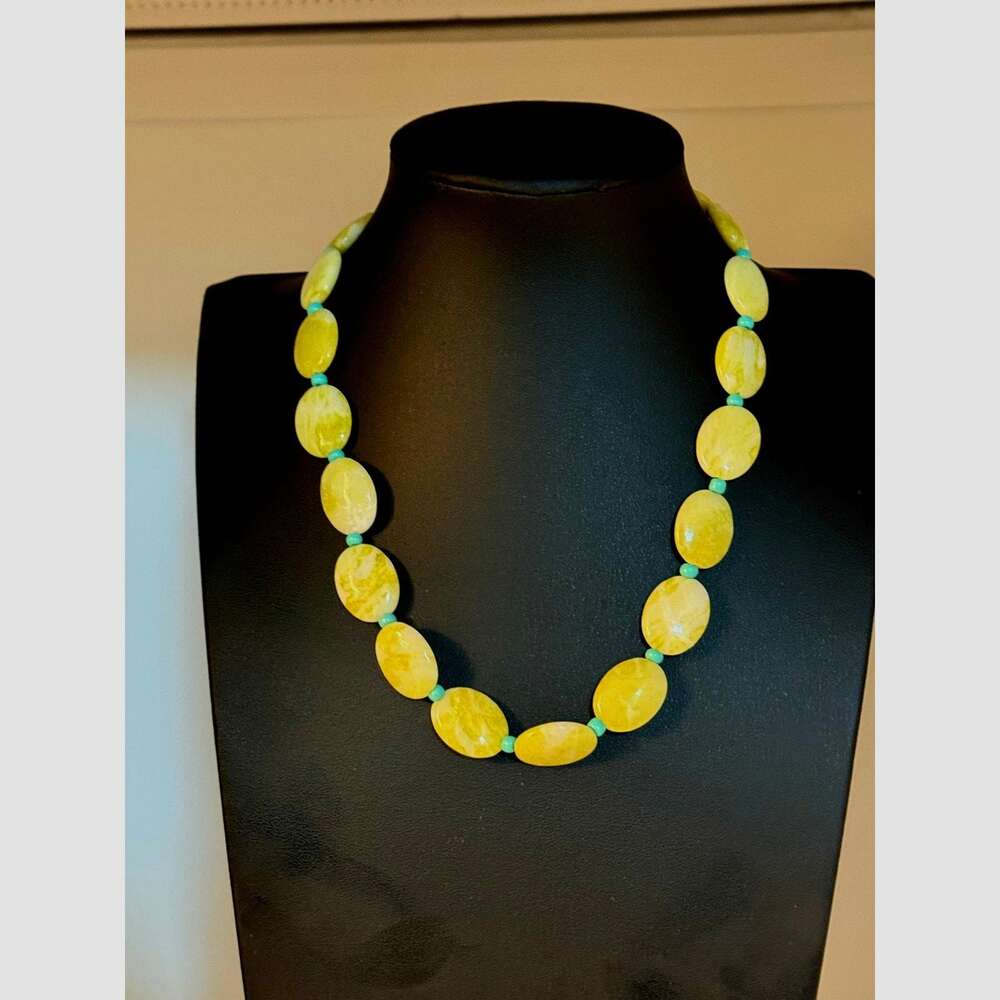 Native American Carved Lemon Jade and Turquoise Necklace